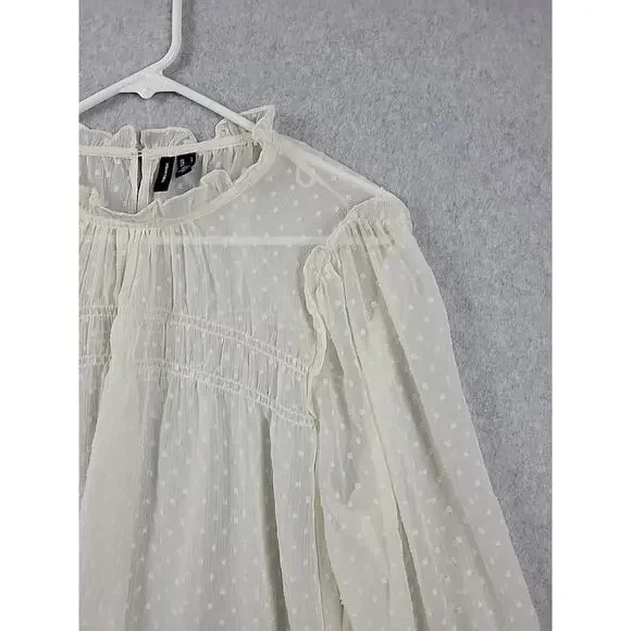 Vero Moda Ivory Swiss Dot LS Fairy Ruffled Smocked Sheer Blouse Women's Large - Picture 4 of 12